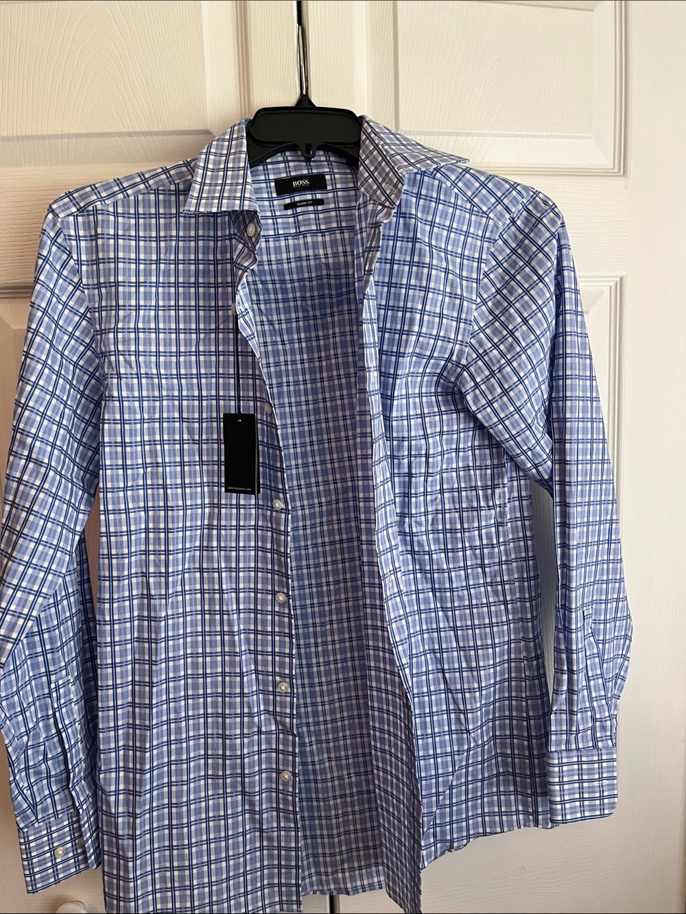 BOSS Men's Light Blue & White Checked Dress Shirt